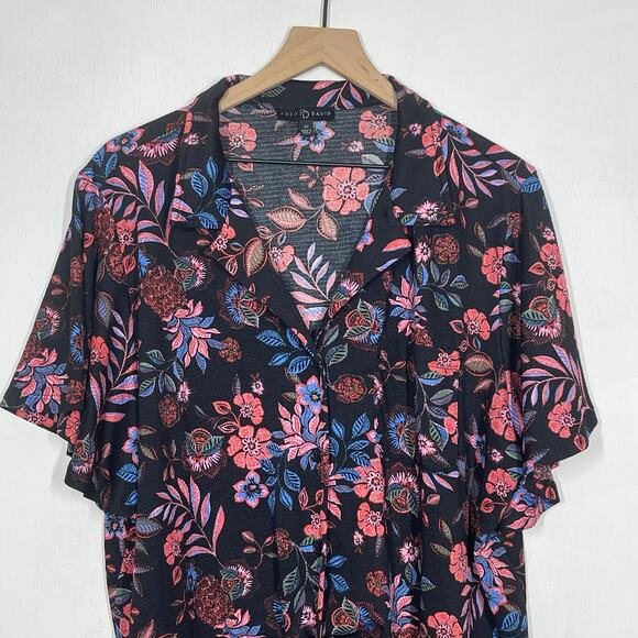 Fred David Shirt Women's Plus Size 2X Black Pink Floral Front Tie Short Sleeve - Picture 3 of 8